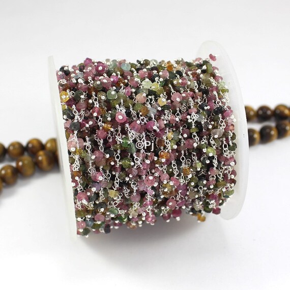 Tourmaline Wire Wrapped Chain 4mm Tourmaline with Sterling Silver Wire Wrap Rosary Style beaded Chain BY FOOT CHN-288