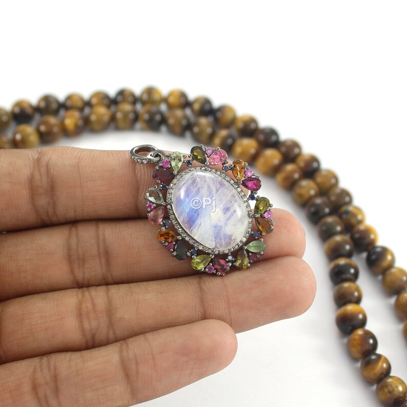 Gift Jewelry Pave Diamond Tourmaline Moonstone Pendant Multi Coloured Tourmaline /& Rainbow Moonstone Diamond Pendant 925 Sterling Silver