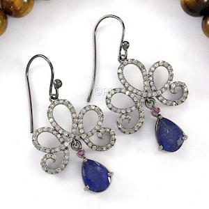 Blue Sapphire Ruby Diamond Earrings, Pave Diamond Earrings, Blue Sapphire Ruby Earring, Vintage Jewelry, Anniversary Birthday Gift For Her