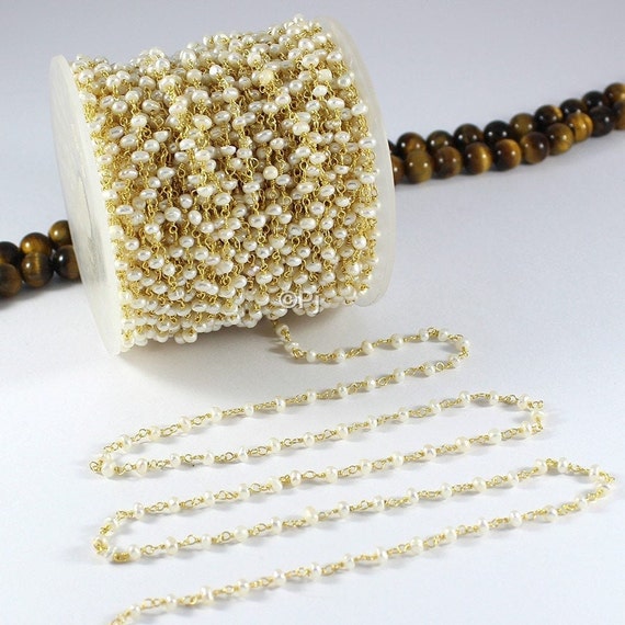 Handmade Sterling Silver Pearl Rosary Chain: 3-4mm Natural Pearl Beads