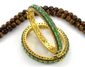 Brazalete de esmeralda con diamantes pavé: joyería de plata de ley de inspiración antigua