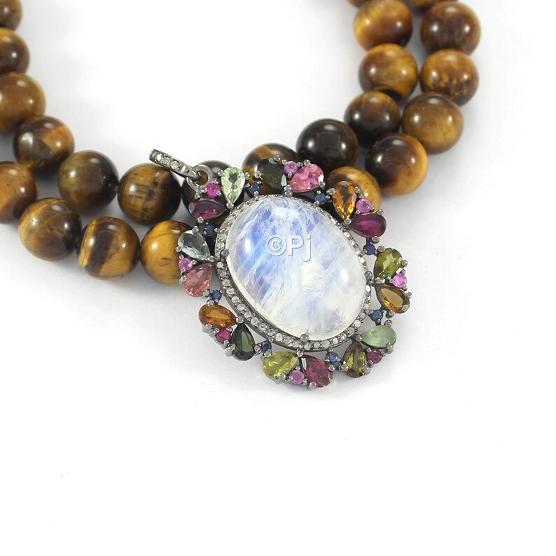 Gift Jewelry Pave Diamond Tourmaline Moonstone Pendant Multi Coloured Tourmaline /& Rainbow Moonstone Diamond Pendant 925 Sterling Silver