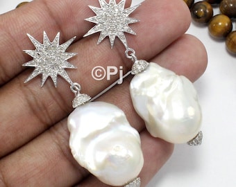 Baroque Pearl Diamond Earrings, Sterling Silver Starburst Dangle