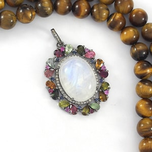 Tourmaline Rainbow Moonstone Pendant: Pave Diamond, Sterling Silver