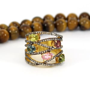 Multi Tourmaline Diamond Band Ring: 925 Sterling Silver Jewelry