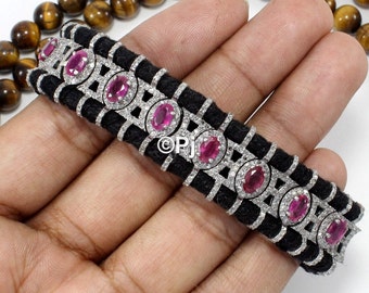 Ruby Diamond Macrame Bracelet: Sterling Silver Black Thread Jewelry