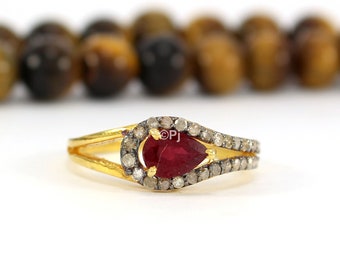 Anillo de rubí natural con diamante, plata de ley, piedra natal de julio, joyería hecha a mano con piedras preciosas, regalo para ella