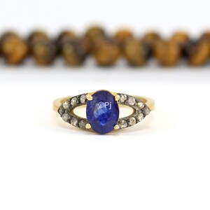 Oval Blue Sapphire Ring: Pave Diamond Sterling Silver