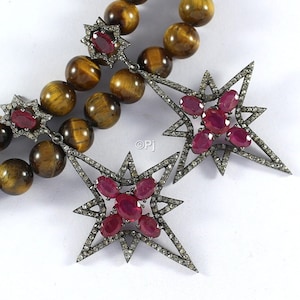 Rubin Starburst Ohrringe: Pave Diamant, Sterling Silber, Vintage Stil