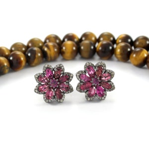 Pave Diamond Pink Tourmaline Flower Earrings, Sterling Silver Studs