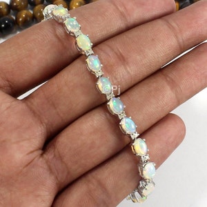 Natural White Opal Diamond Bracelet, Pave Diamond Ethiopian Opal Bracelet, Fire Opal Tennis Diamond Bracelet, Wedding Anniversary Jewelry