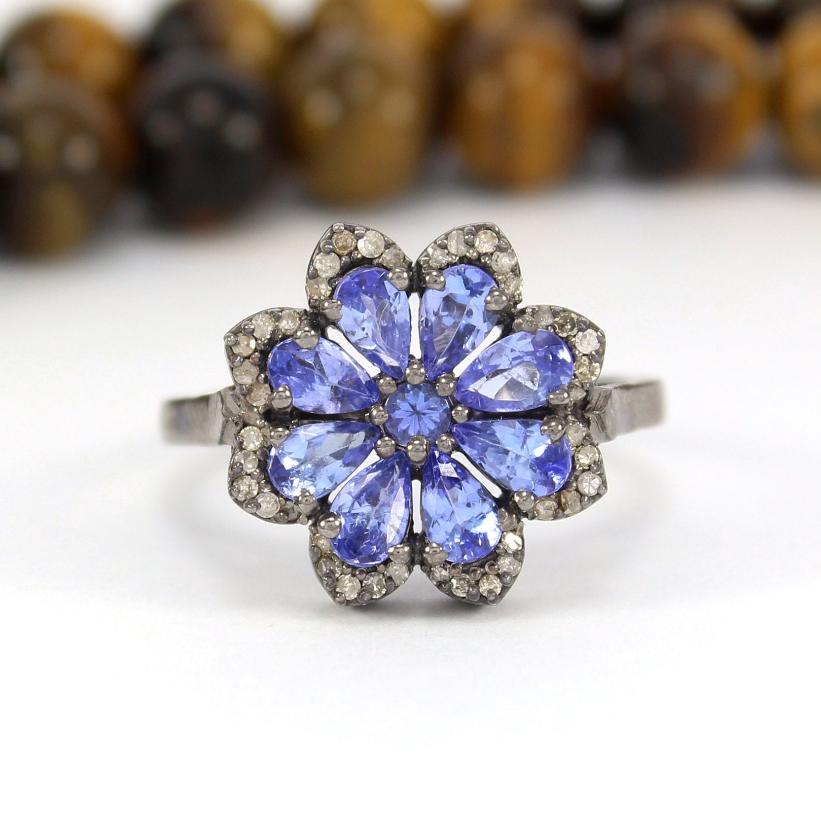 Bague Florale En Tanzanite Naturelle - Argent Sterling 925 - Bijou Fait Main