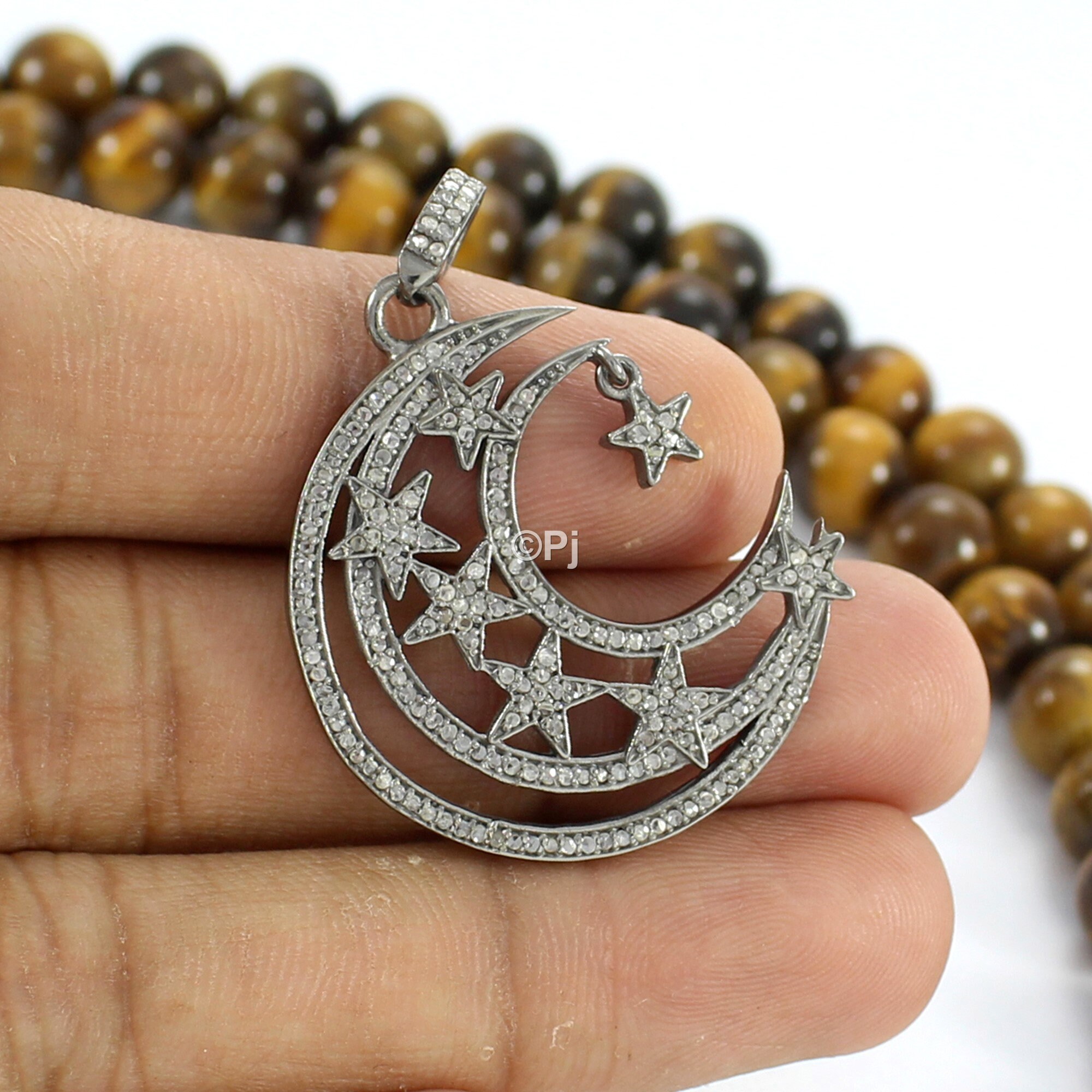 Pave Diamond Crescent Moon Star Pendant 