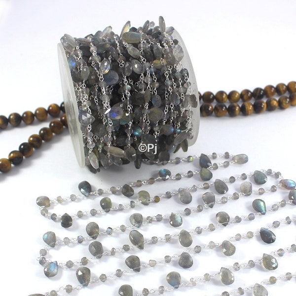 Labradorite Rosary, Labradorite Beads Chain, 3-4mm Labradorite Rosary Chain, 925 Sterling Silver, Briolette Rosary Chain, Free Shipping.
