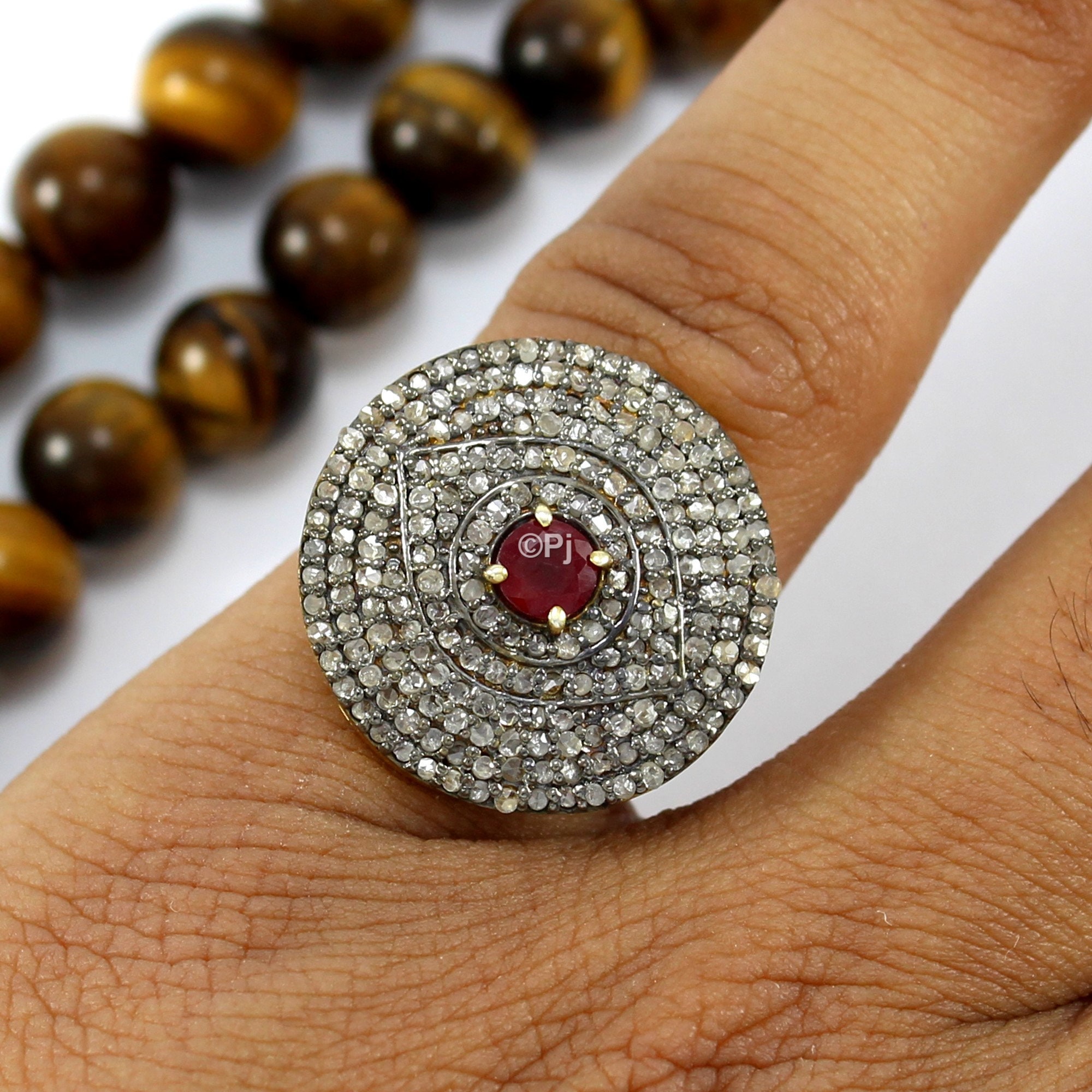 Ruby Diamond Ring Evil Eye Statement Ring Pave Ruby Ring Etsy