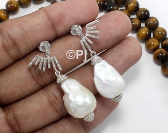 Baroque Pearl Diamond Earrings: Sterling Silver Dangle Drop Jewelry