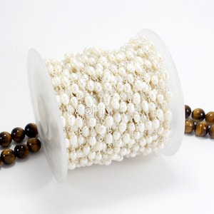 Natural Rice Pearl Rosary Beaded Chains, 3-4 mm Fresh Water Rice Pearl Beads In 925 Silver Wire Wrapped Rosary Chains, Jewelry Making Chains