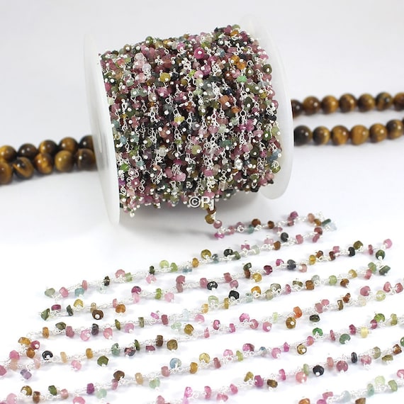 Tourmaline Wire Wrapped Chain 4mm Tourmaline with Sterling Silver Wire Wrap Rosary Style beaded Chain BY FOOT CHN-288