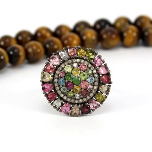 Tourmaline Diamond Ring: Sterling Silver Gemstone Statement Jewelry