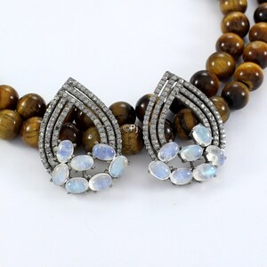 Rainbow Moonstone Diamond Earrings: Pave 925 Sterling Silver Jewelry