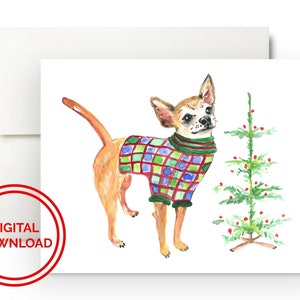Chihuahua Wydrukowana świąteczna karta cyfrowa do pobrania, Mama psa, Prezent dla miłośnika psów, Niestandardowy, Kartki świąteczne, Noel, Spersonalizowany prezent, Akwarela