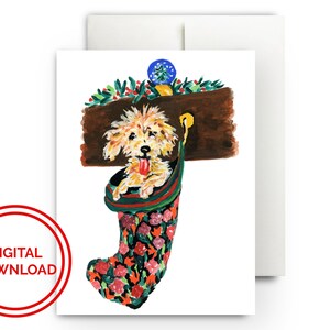 Golden Doodle Printable Christmas Card Digital Download, Prezent dla Miłośnika Psów, Noel, Mama Psa, Spersonalizowany Prezent, Niestandardowy, Kartki Świąteczne, Akwarela