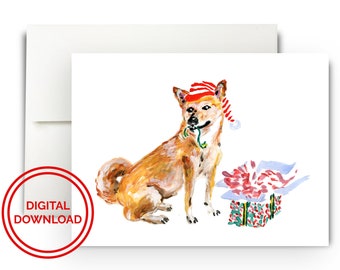 Shiba Inu Printable Christmas Card Digital Download, Personalized Gift, Dog Mom, Noel, Watercolor, Dog Lover Gift, Custom, Holiday Cards