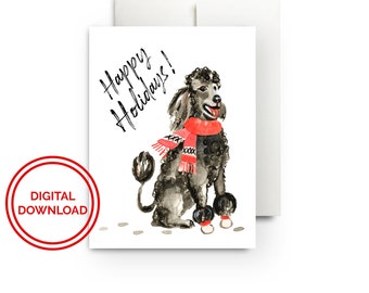 Poodle Happy Holidays Digital Download Card, Printable Christmas Cards, Christmas Cards, Holiday Cards, Dog Cards, Dog Christmas Cards,