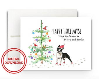 May include: A digital download of a Christmas card featuring a Boston Terrier wearing a Santa hat and red booties standing next to a Christmas tree with red robins and colourful baubles. The text reads "Happy Holidays! Hope the Season is Merry and Bright."