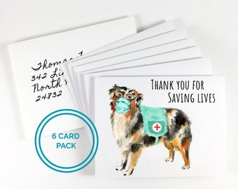 Thank You For Saving Lives Card Pack, Dog Lover Gift, Watercolor, Personalized Gift, Dog Mom, Quarantine, Australian Shepherd, Nurse, Doctor