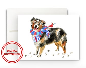 Australian Shepherd Digital Download Christmas Card, Printable Holiday Card, Aussie Dog Mom Card, Instant Download Christmas Card, Dog Card