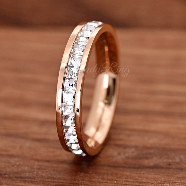 Rose Gold Plated Titanium 4mm Channel Set Princess Cut Square Clear CZ Full Eternity Ring / Laser Engrave Lightweight Titanium Wedding Band