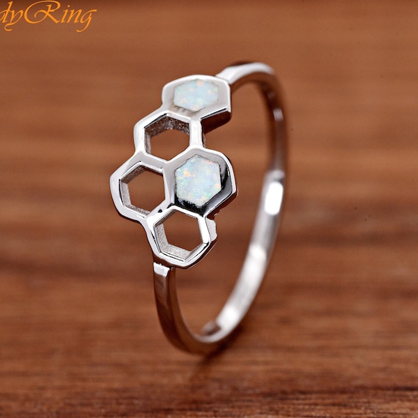 Honeycomb Opal Ring, Solid 925 Sterling Silver White Opal Inlay Bee Hive Hexagon Pattern Ring, Simulated Opal Womens Ring