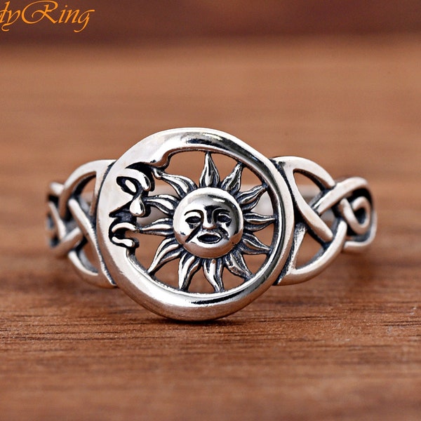 Celtic Moon Sun Trinity Knot Promise Ring | Crescent Moon Sun Face Triquetra Knot Side Silver Ring | 925 Sterling Silver Ring