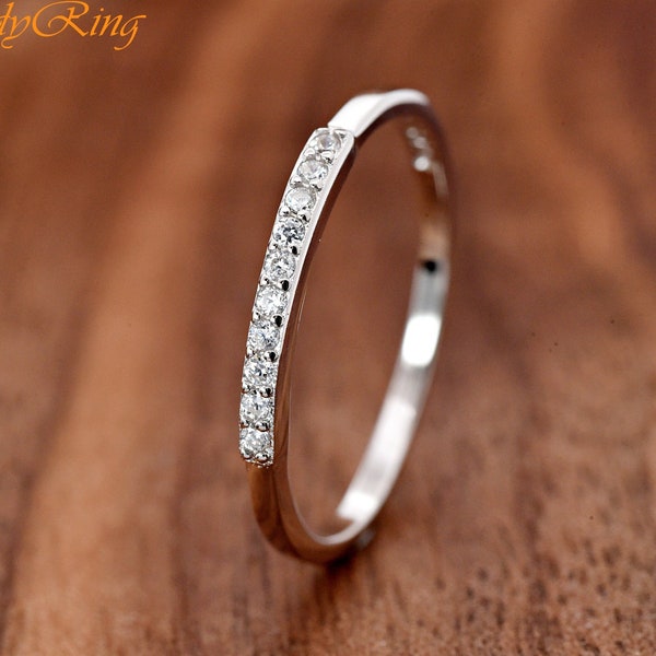 Pave Set CZ 1.5mm Thin Stackable Silver Ring | Womens Silver Trendy Ring | 925 Sterling Silver Half Eternity Ring | Minimalist Dainty Ring