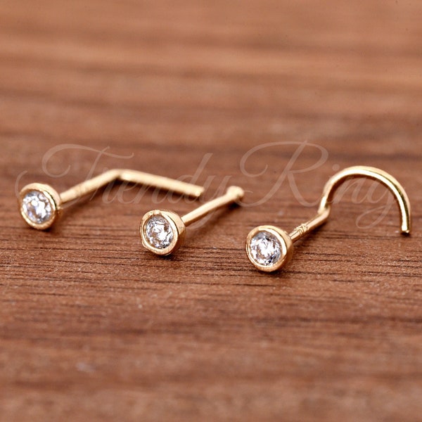 Minimalist 1.5mm 2mm 2.5mm 3mm Round Clear CZ Bezel Set 14 Karat Yellow Gold L Bend Screw Ball End 23 Gauge Nose Stud Ring Piercing Jewelry