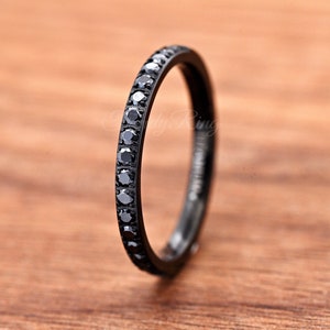 Black Titanium 2mm Thin Round Black CZ Half Eternity Ring / Laser Engrave Promise Ring / Womens Titanium Wedding Band / Lightweight Ring