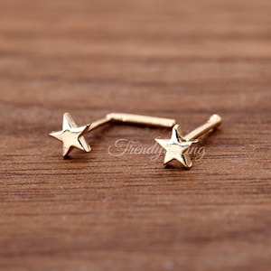 Minimalist 3.5mm Tiny Petite Flat Star 14 Karat Yellow Gold L Bend Ball End 23 Gauge Nose Stud Ring Piercing Jewelry