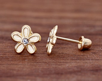 14 Karat Gold 7mm Dainty Five Petals Plumeria Flower CZ Center Stud Screw Back Earrings Girls Small Children Womens Earring Birthday Gift