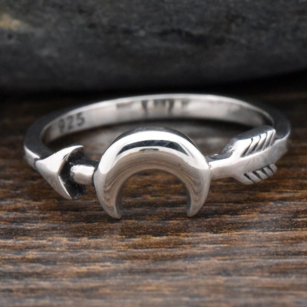 Sterling Silver Moon & Arrow Ring, Women's Silver Ring, Crescent Moon Arrow Ring, Trendy Fashion Jewelry