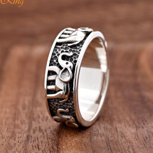 Solid 925 Sterling Silver 7mm Elephant Carved Vintage Style Ring Band, Elephant Ring