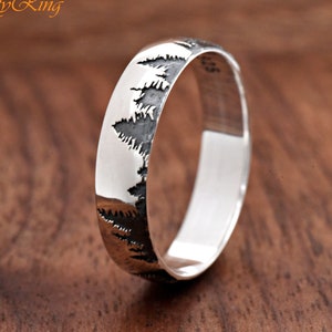 Solid 925 Sterling Silver High Polished 5mm width Forest Tress Engraved Ring Band