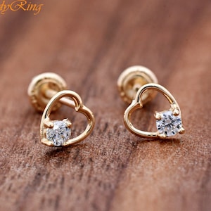 Girls Childrens Petite Heart with Clear Cubic Zirconia 14k Gold Studs Screw Back Earrings, Open Heart Gold Earrings Pair