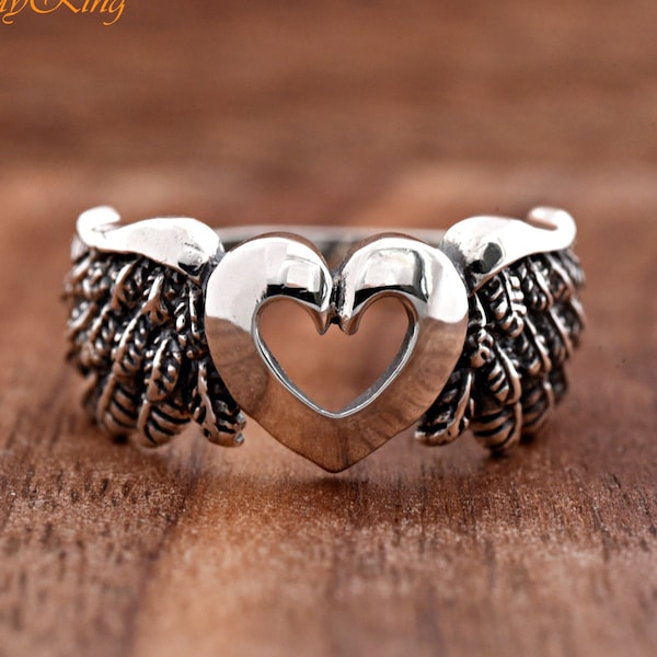 Open Heart Center with Angel Wings Side Solid 925 Sterling Silver Ring, Womens Heart Wings Ring, Antique Vintage Style Ring