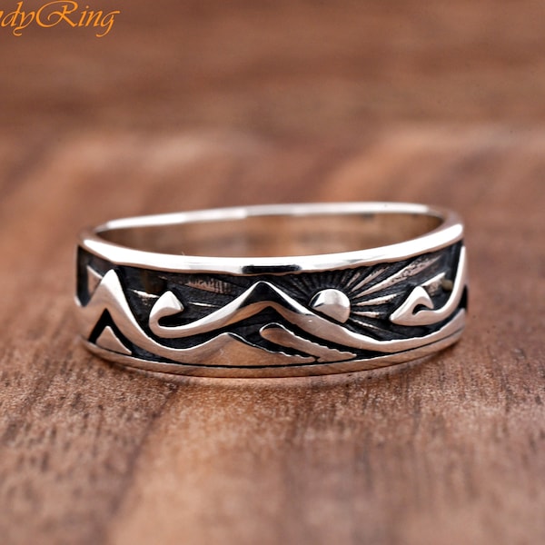 Mountain Sunrise Carved Sterling Silver Ring, Oxidized Silver Mountain Sunset Ring, Nature Inspired Ring