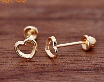 14 Karat Gold 5mm Tiny Open Heart Stud Screw Back Earrings Minimalist Style Girls Small Children Womens Earring Valentines Day Birthday Gift