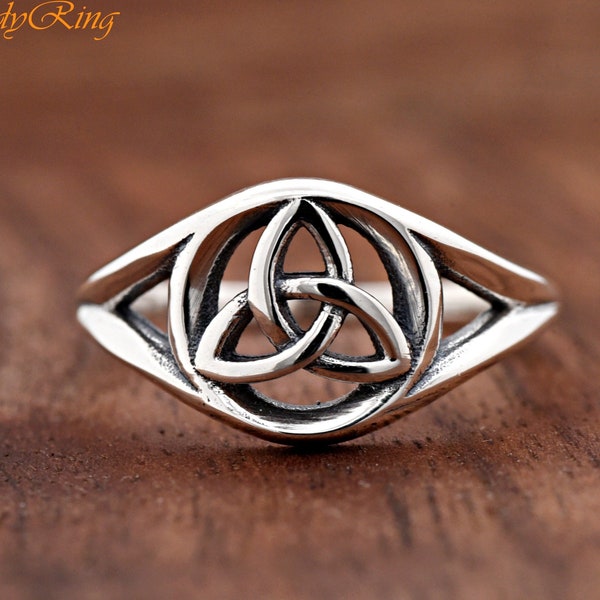 Symbol of Eternal Love Trinity Knot Center in Circle Solid 925 Sterling Silver Ring, Womens Celtic Wedding Ring, Triquetra Promise Ring