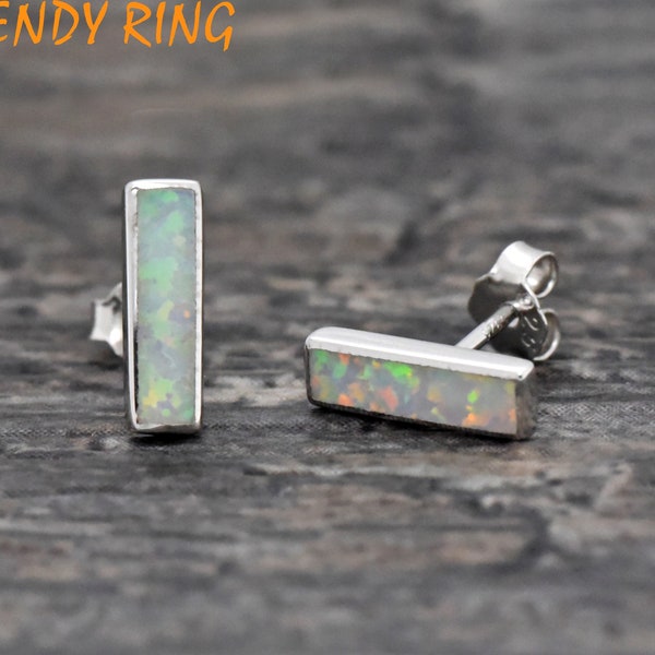 10mm Rectangle Bar Opal Studs Earrings, Lab Created Opal Inlay Bar Stud Earrings, 925 Sterling Silver Opal Earrings Push Back Geometric