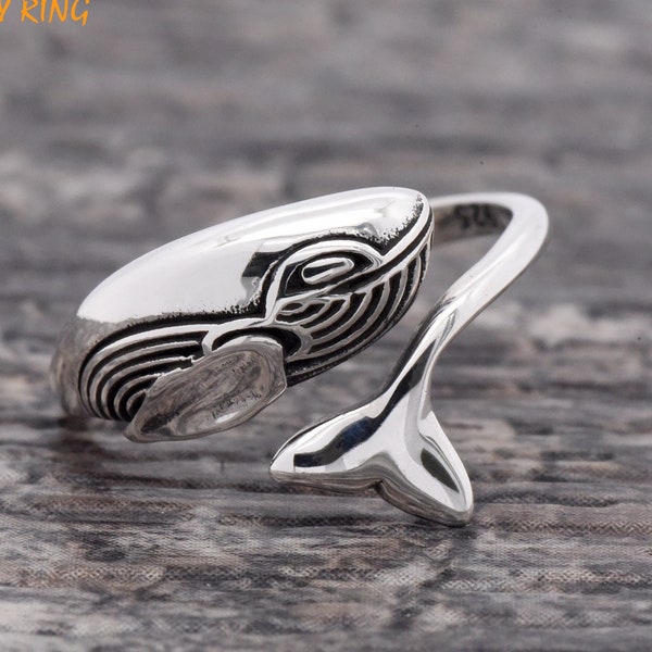 Whale & Fluke Open Adjustable Thumb Ring, Solid 925 Sterling Silver Whale Fluke Midi Wraparound Ring, Unique Dainty Everyday Ring