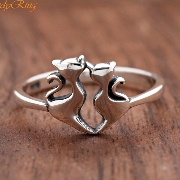 Cats Ring, Two Cats Minimalist Silver Ring, Solid 925 Stelring Silver Girls Children Womens Cat Ring, Lovers Promise Ring